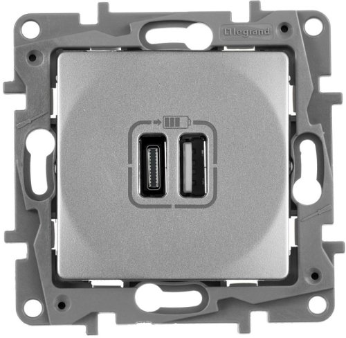 Розетка USB тип А+С без рамки Legrand Etika 2-м. 3000мА алюминий картинка